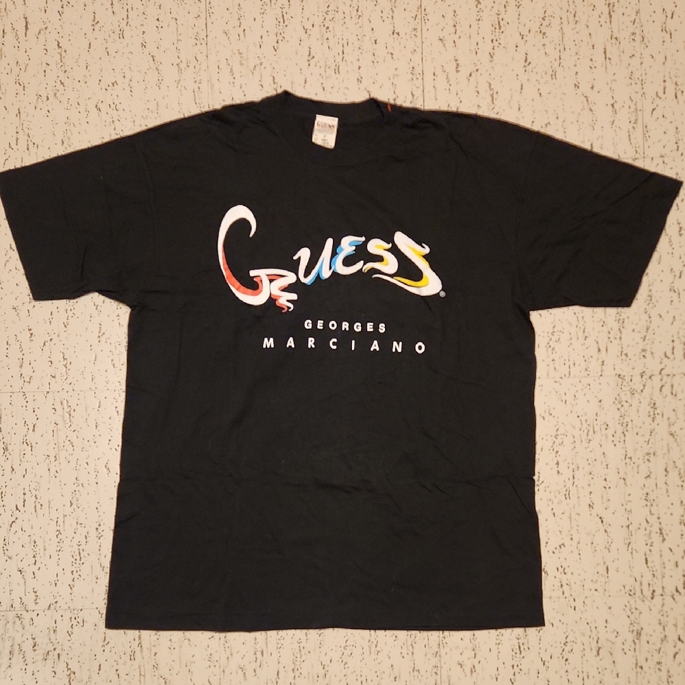 Guess Georges Marciano Black Multi Color Spellout T-Shirt Vintage 80s Rare
